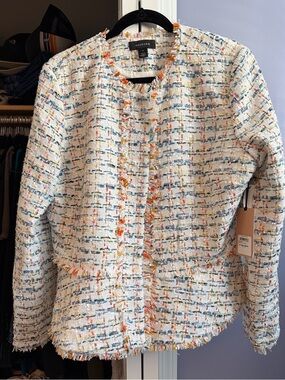 Halogen White Tweed Fringe Collarless Jacket with Multi-color Thread
